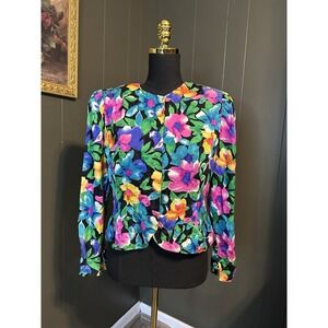 Adrianna Papell Vintage Colorful Floral Long Sleeve Blouse Top Silk 8